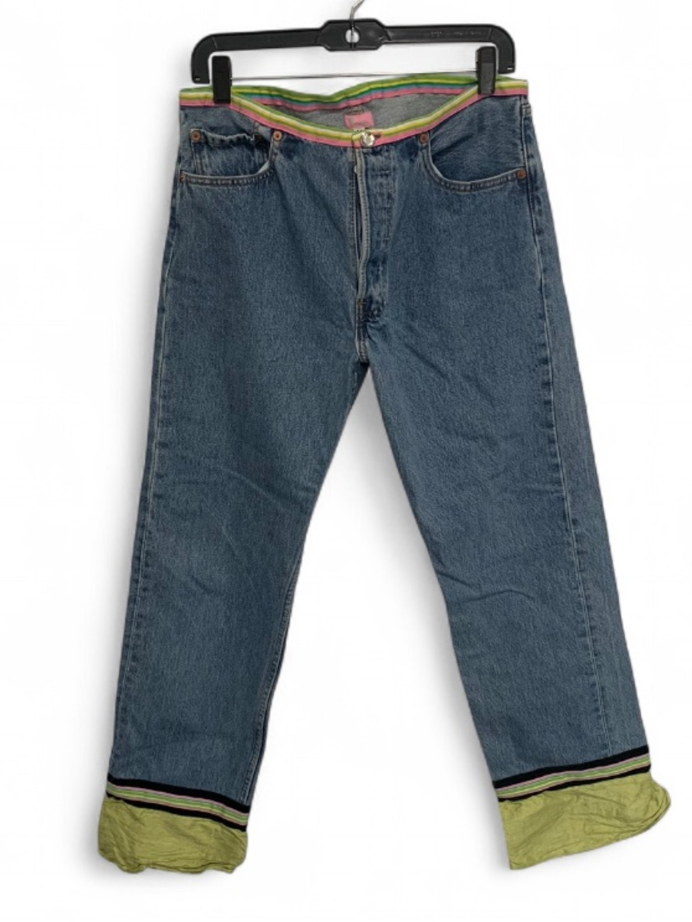 Molly B Reworked Levi’s Straight Blue Jeans with Lime Trim